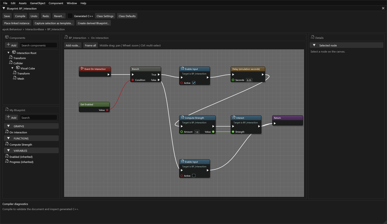 Epok Blueprint editor showing components, inherited variables, typed connections, branches and a Delay node