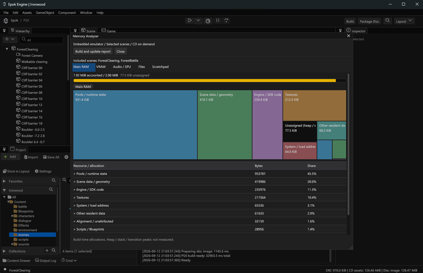 Epok Memory Analyzer showing the Main RAM capacity bar, proportional allocation treemap and byte-level resource table