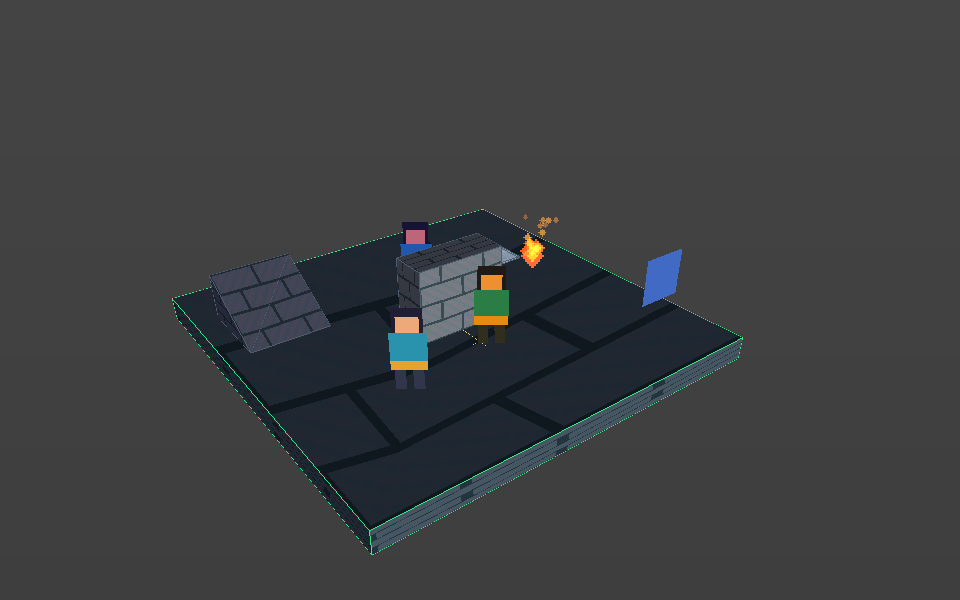 Epok Scene View displaying the courtyard with textured geometry, characters and particles