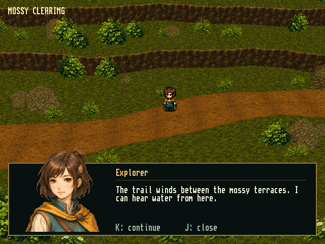 Native PSX output with a sprite character in a textured forest and portrait dialogue HUD