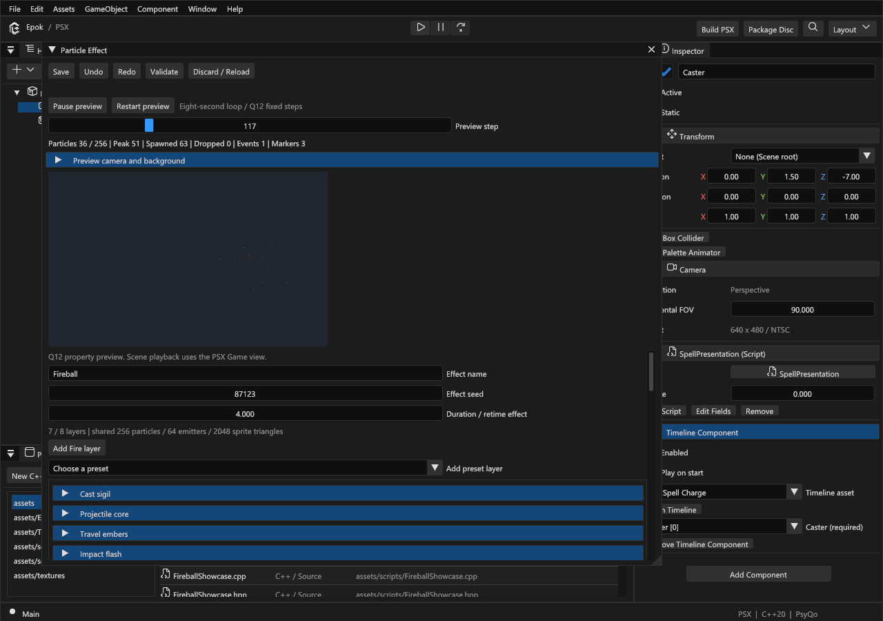 Epok Particle Effect editor with preview transport, particle counters, duration controls and Fireball layers